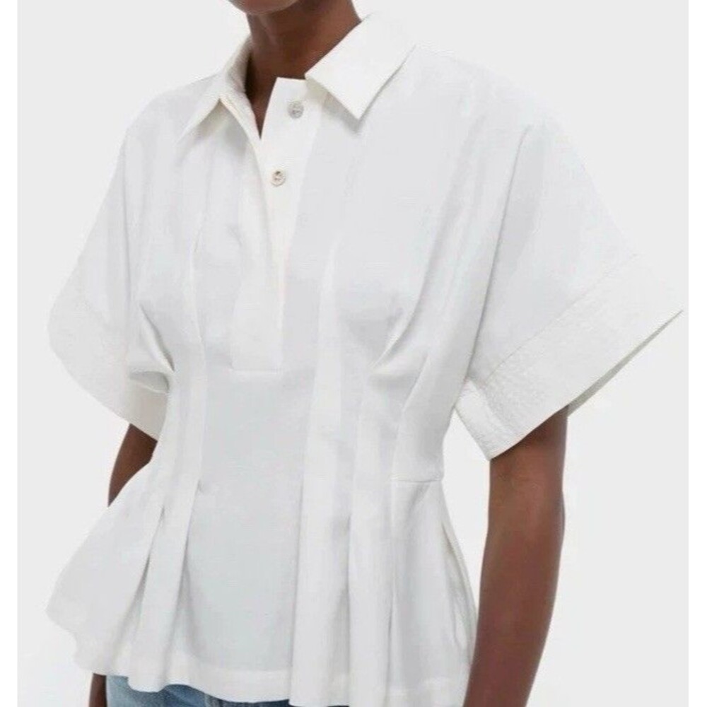 tuckernuck White Simpson Blouse Sz M Peplum Fitted Waist Pintuck Detailed Preppy